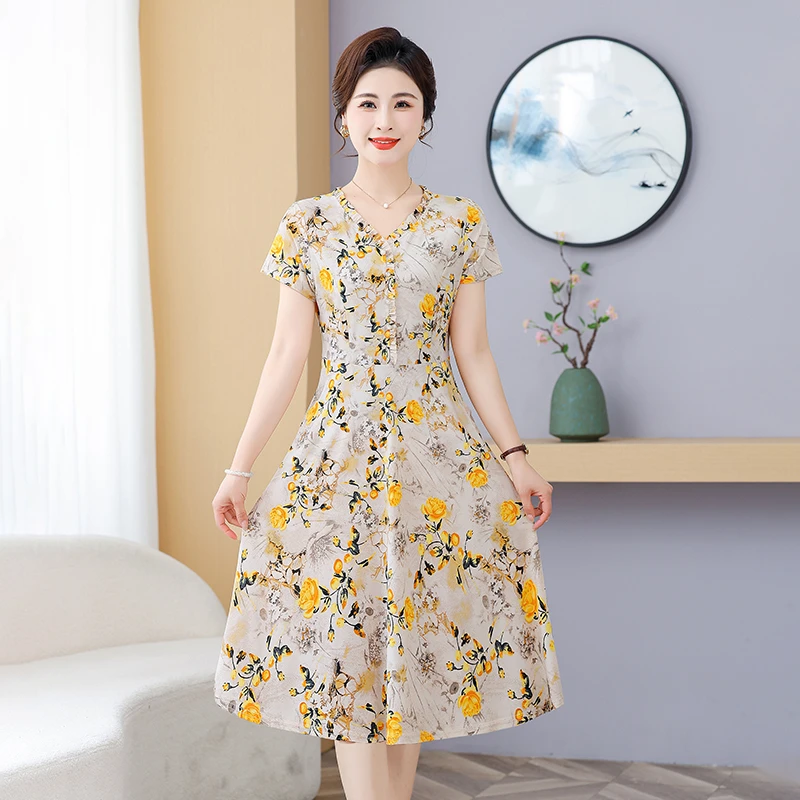 Robe mi-longue décontractée à col rond pour femme, vêtement à fleurs cassées, élégant, cordon de serrage, manches courtes, coréen, basique, ligne a, taille, été