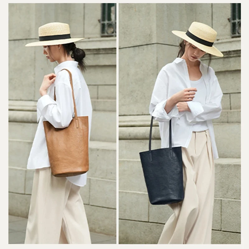 

EverToner Retro Vegetable-tanned Cowhide Lazy Bucket Bag Spring New Style Leather Underarm Single Shoulder Bag