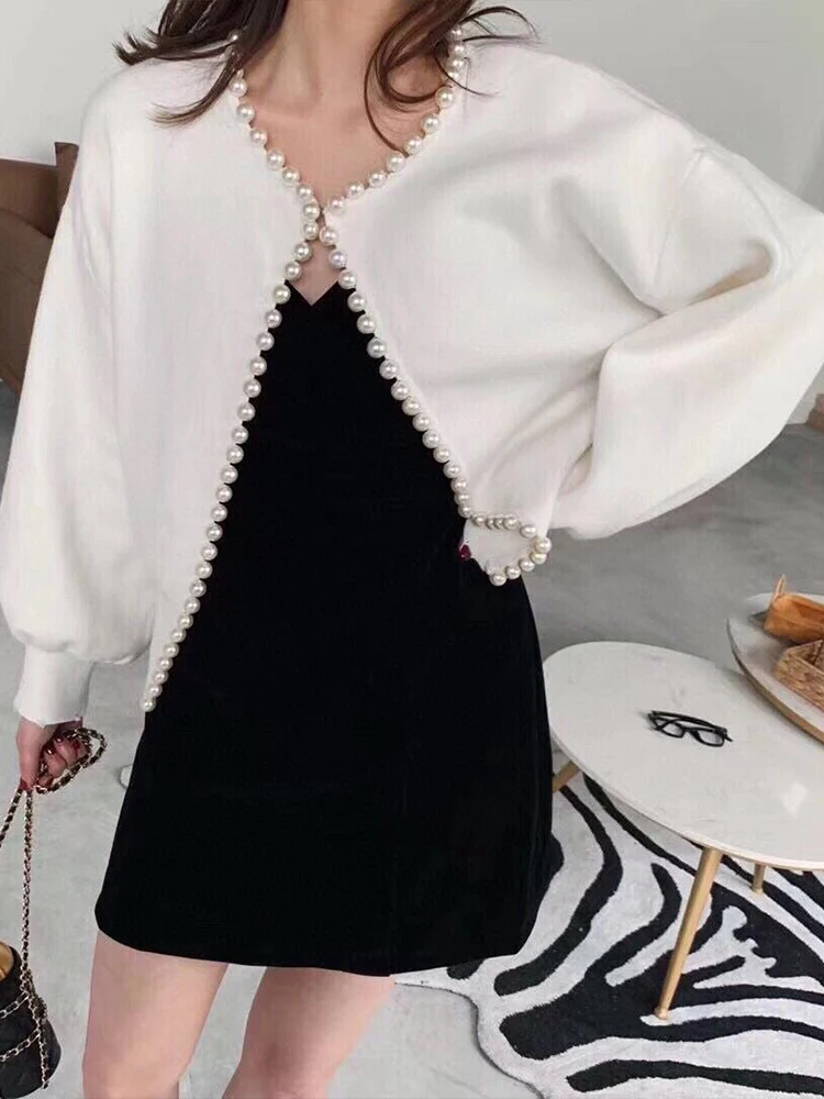 2023 Women Chic New O Collar Knitting Cardigan Top Autumn Ladies Fashion Pearl Trim Long Sleeve Loose Warm Casual Sweater Coat