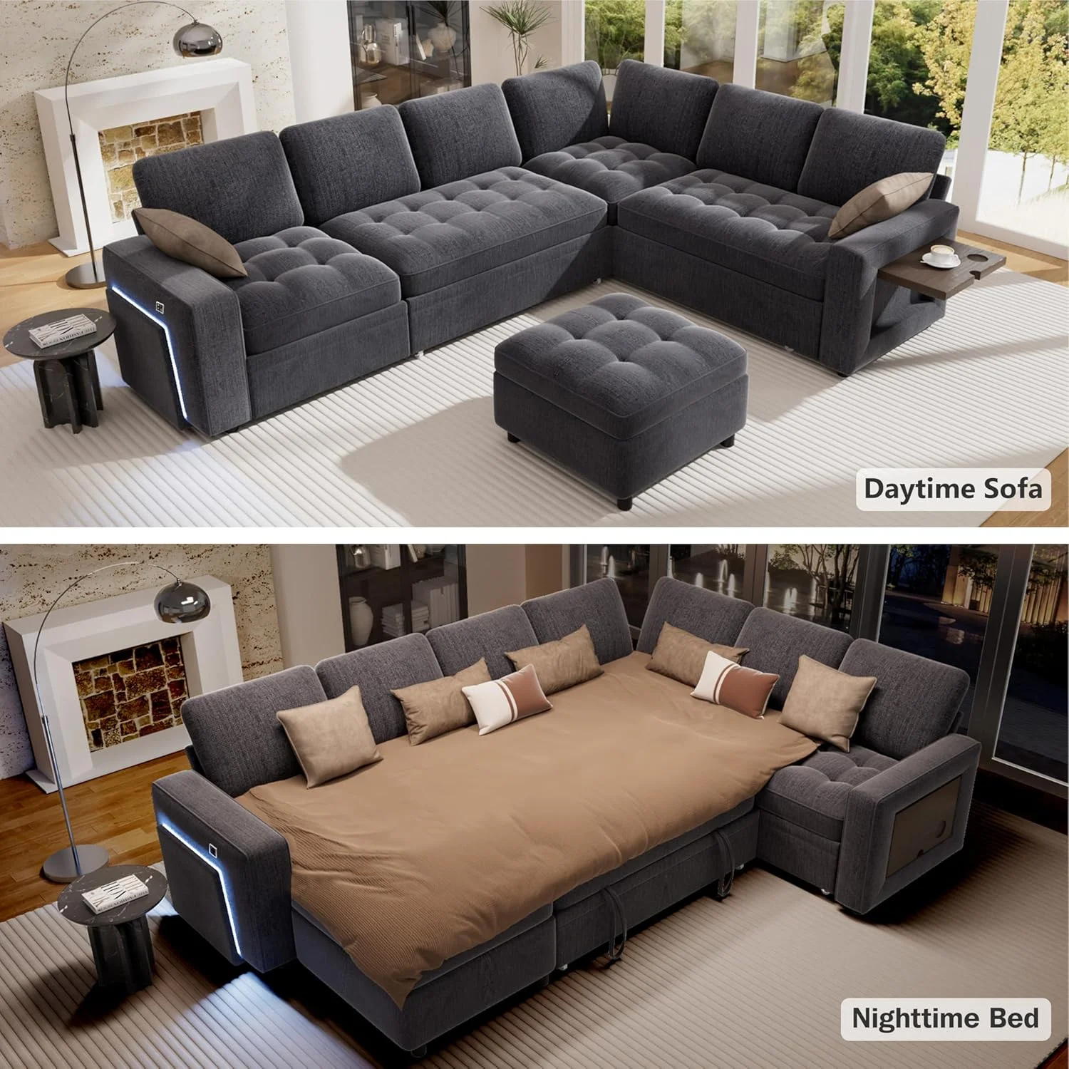 Hcore 7-Seat Modular Sectional Sofa Pull-Out Bed Reclining Backrest USB Ports Table LED Lights Storage Seats Tool-Free Assembly