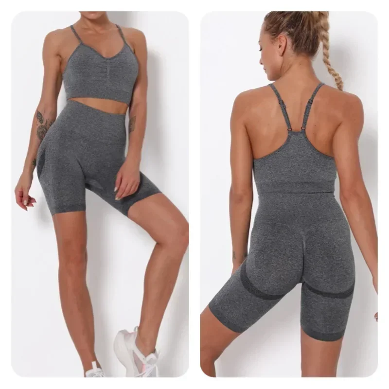 Feminino sem costura pêssego sorridente rosto levantamento yoga shorts roupas de fitness sutiã esportivo conjunto de roupa interior