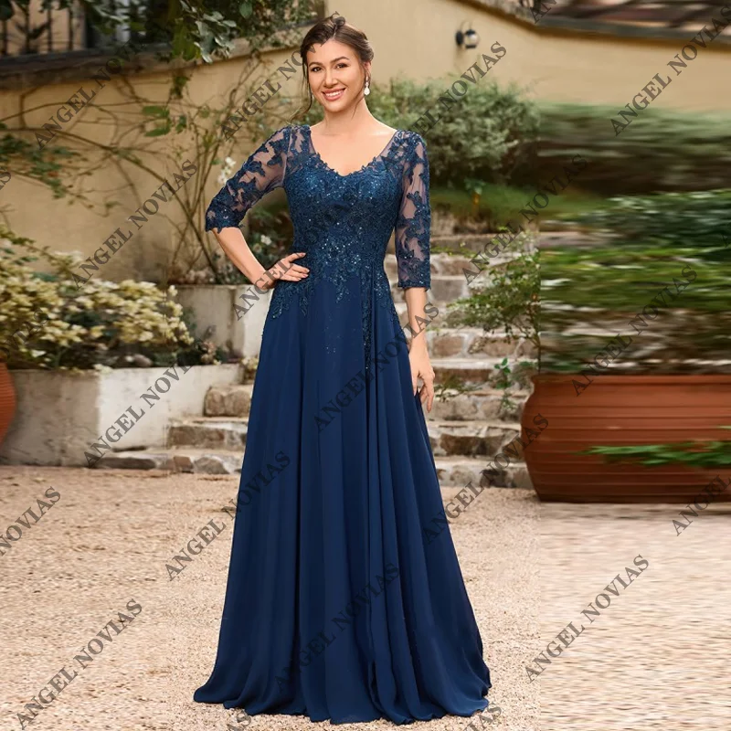 

Customized Long Blue Chiffon Mother of the Bride Dress 2025 with Short Sleeves Robes Invitee Mariage