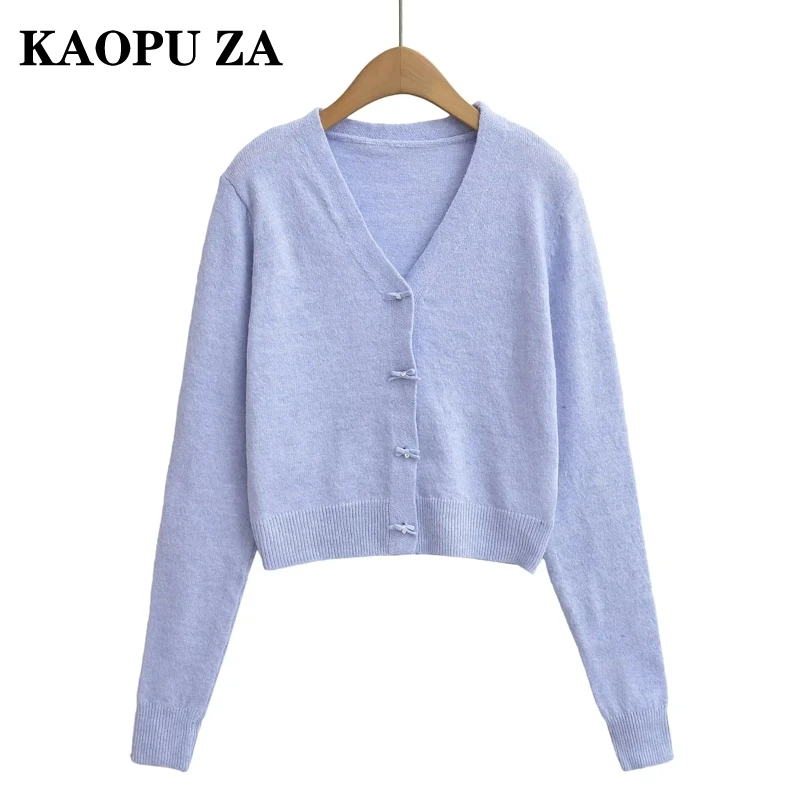 KAOPU ZA 2024 Autumn Woman Chic V-Collar Knit Cardigan Outerwear Vintage Woman's Long Sleeve Top Ruffles Short Sweater Jacket