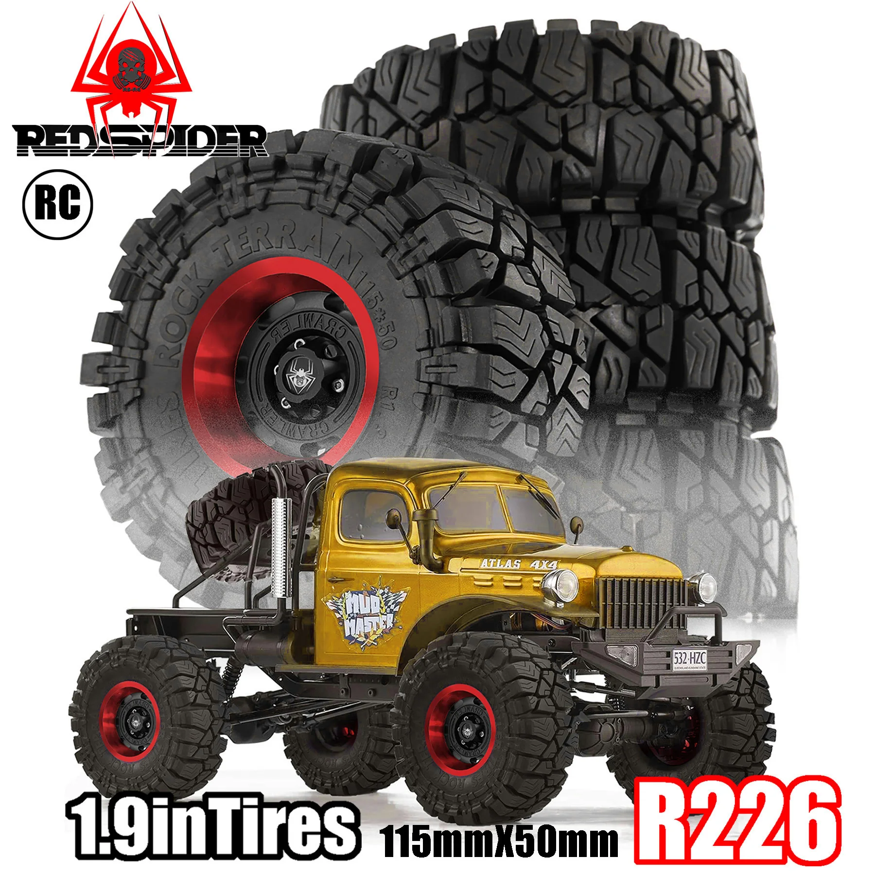 RED SPIDER 4Pcs 115*50mm 1.9 RC Rubber Tire & Red Inner Metal Wheel Set Rock Terrain Tyres For 1/10 RC Rock Crawler Truck