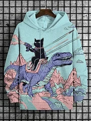 Men's 3D Cat and Dinosaur Hoodie 3D Printed Long Sleeve Pullover Fashion Streetwear Polyester Hooded Outdoor Casual Daily