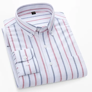 เสื้อเชิ้ตผ้าอ๊อกซ์ฟอร์ดแขนยาวสำหรับผู้ชาย, เสื้อเชิ้ตลำลองลายสก็อตมีกระเป๋าพอดีกับ5XL