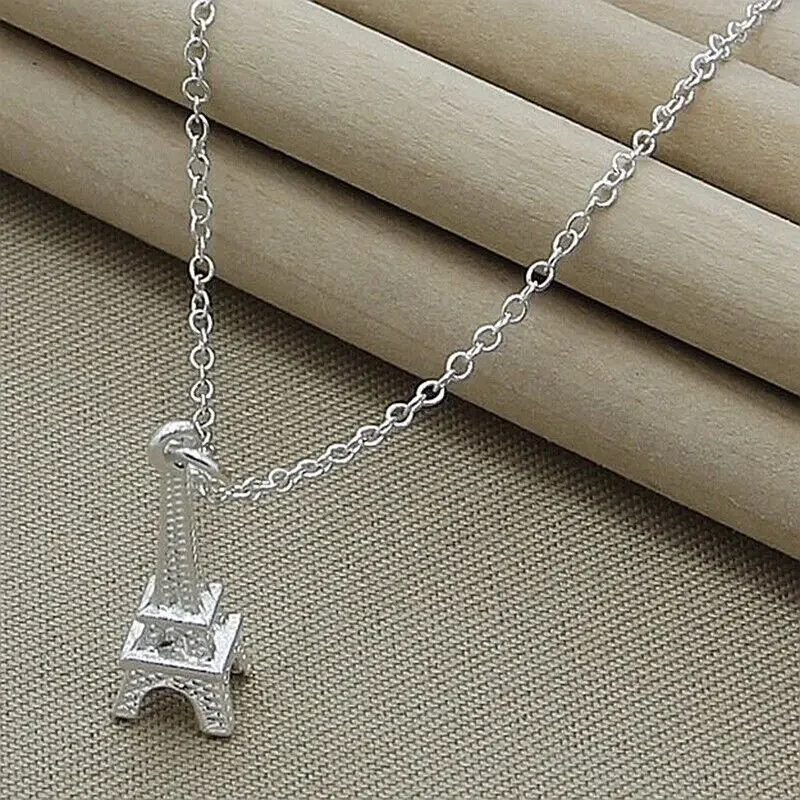 CHUANGCHENG 925 Sterling Silver Eiffel Tower Paris Pendant Necklace Chain Fashion Jewelry