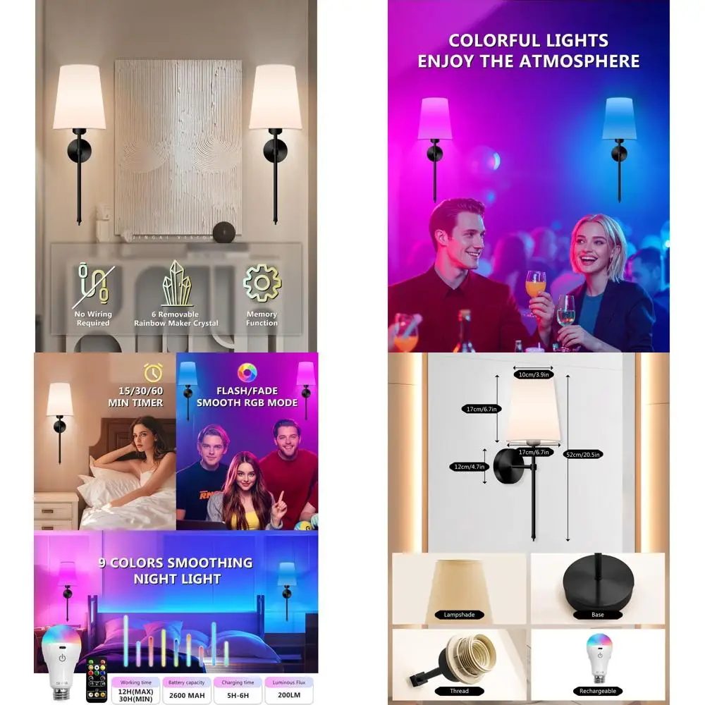 

Set of 2 Cordless Wall Sconces, Rechargeable Dimmable Lights with Remote, 3 Color Temps & 15 RGB, Ideal for Home Decor