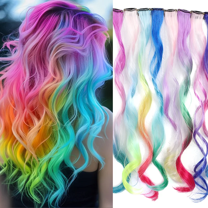 2 Pcs Colored Party Highlights Clip on in Hair Extensions Synthetic Hairpieces (3 Colors 2 Pcs in Set -Curly Wavy)