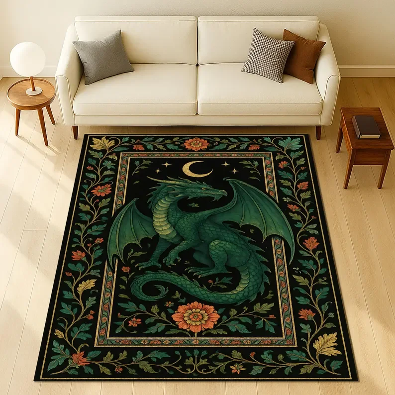 Folk Art Dragon Theme Rug Carpet for Living Room Bedroom Decor Aesthetic Mythical Creatures Art FloorMat Coffee Table Floor Mat