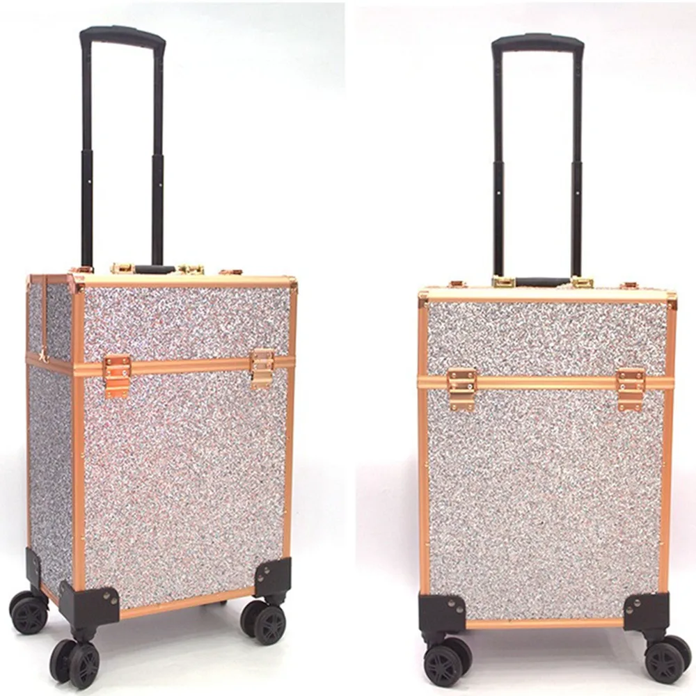 Beauty Hair Eyelashes Embroidery Cosmetic Box Suitcase Toolbox Trolley Case Travel Luggage Bag Aluminum Frame Rolling Wheel Pack