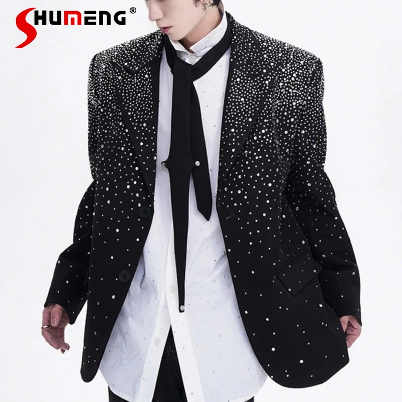 

Men's 2025 Autumn High-End Suit Jackets Masculinity Rhinestone Diamond Loose Tailored Coats Padded Shoulder Long Sleeve Blazers