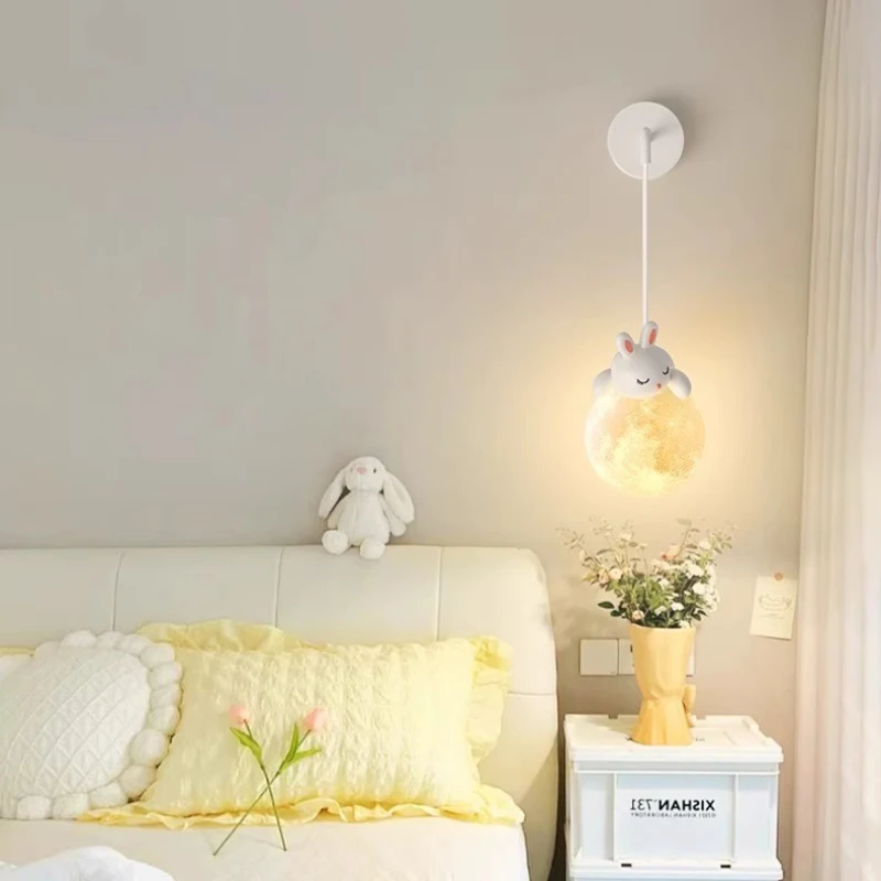 Cute Children\'s Room Bedside Wall Lamps White Bear White Rabbit Lamp Nordic Simple Boy Girl Bedroom Baby Room Decor Wall Lights