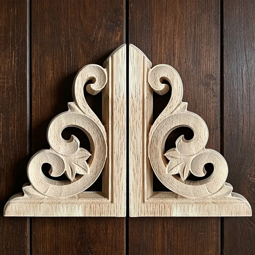 4PCS 14cm Woodcarving Decal Wood Carved Wooden Crafts Corner Appliques Frame Wall Door Furniture Decorative Wood Veneer