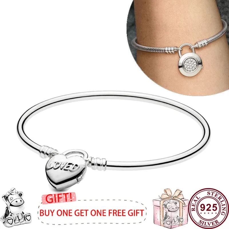 Hot Selling 925 Sterling Silver Shining Love Heart Oath Original Women's Logo Padlock Bracelet Engagement DIY Charm Jewelry