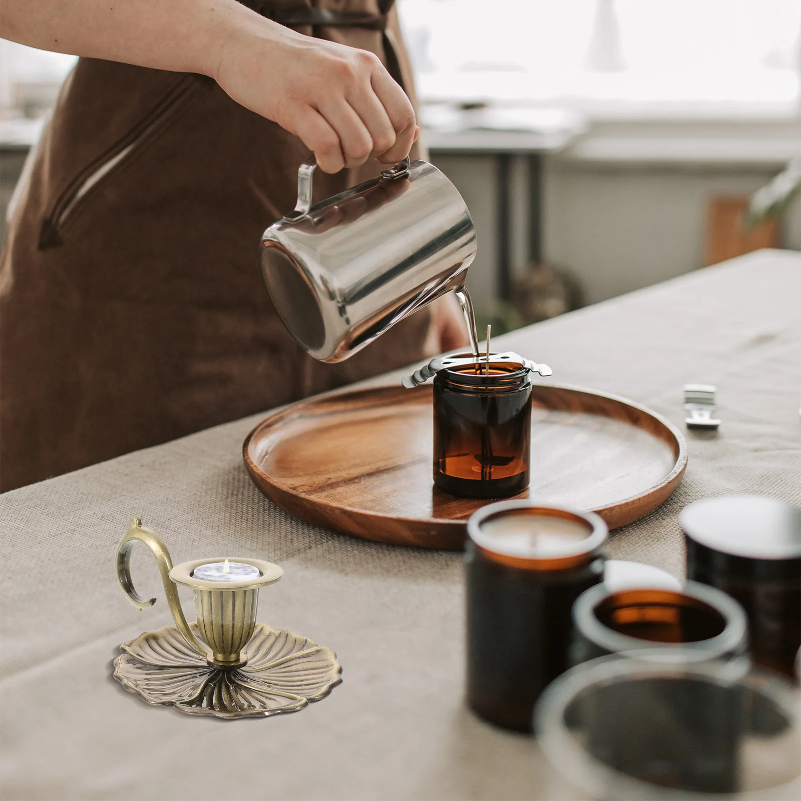 

Decorative Holder for Room Metal Candlestick Stand with Handle Design Tabletop Centerpiece Ideal for Wedding Christmas