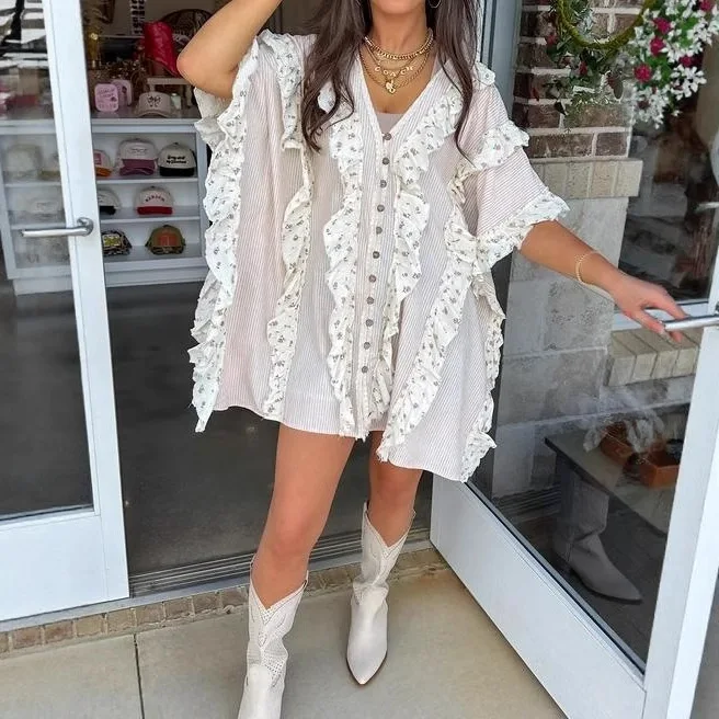 2025, dameskleding, patchwork, digitale print, V-hals, overhemd met korte mouwen