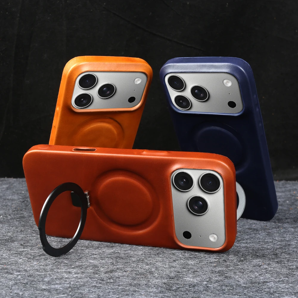 

Foldable Magnetic Bracket Ring Genuine Leather Case For iphone 17 Pro Max 14 15 16 16e 17e Air 13 12 Mini Phone Case Back Cover