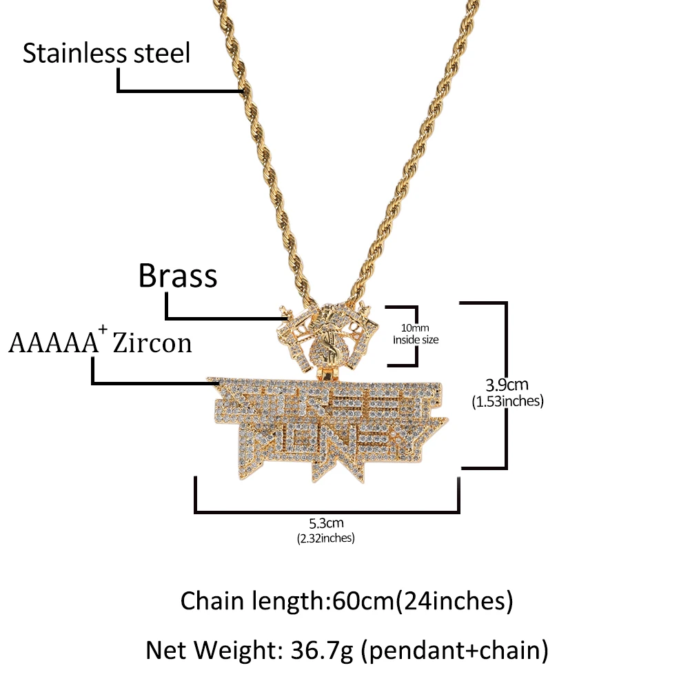 UWIN STREET MONEY Pendant Necklaces Icy Cubic Zircon Money Bag Bail Letters Charms Necklace Fashion Hip Hop Jewelry For Gift