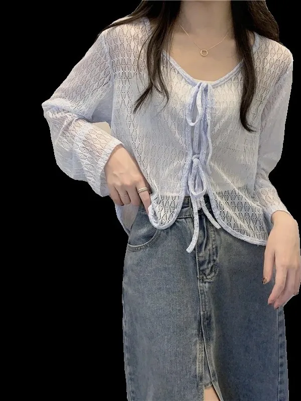 Top d'été pour femme, design tendance, en dentelle anti-UV, manches longues, col en V, style coréen, cardigan ouvert en gaze, ...