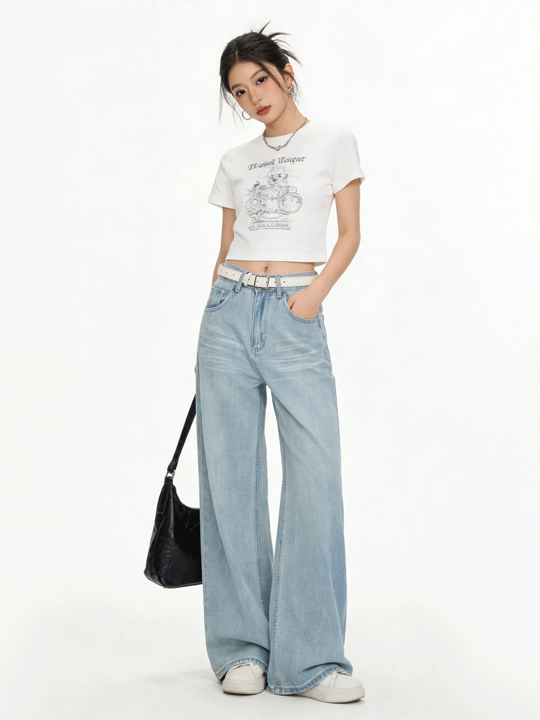 

Женские джинсы Ele Wide Leg из мягкого светло-голубого денима в корейском стиле, универсальные, стройнящие, струящиеся, весенняя новинка