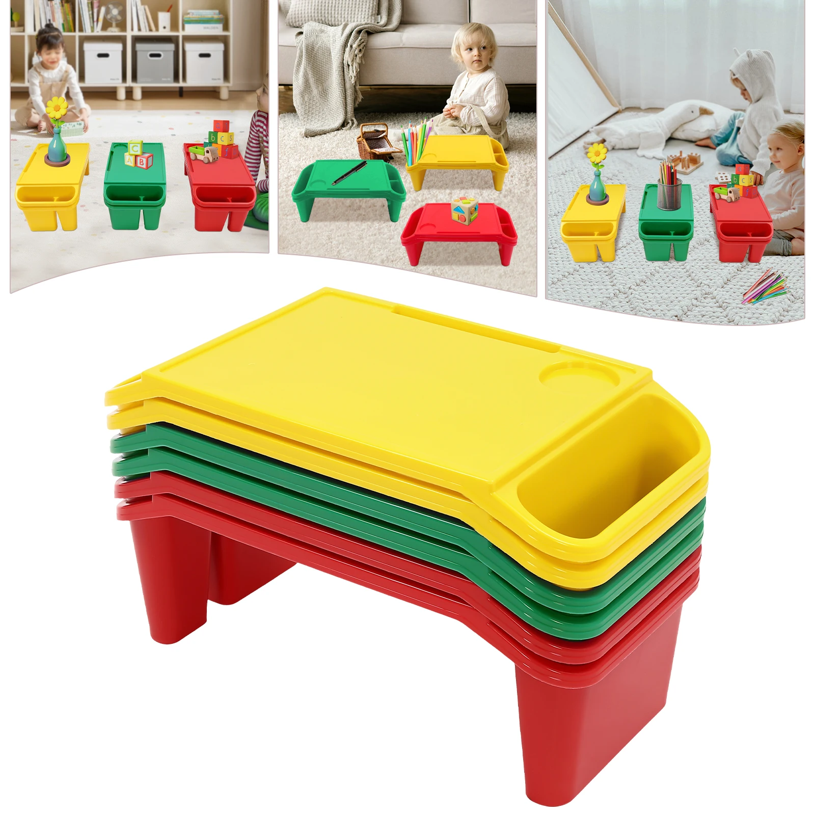 6Pcs Red Green and Yellow Children's Lap Table with Side Storage Multifunctional Movable Dining Table Used in Kindergartens