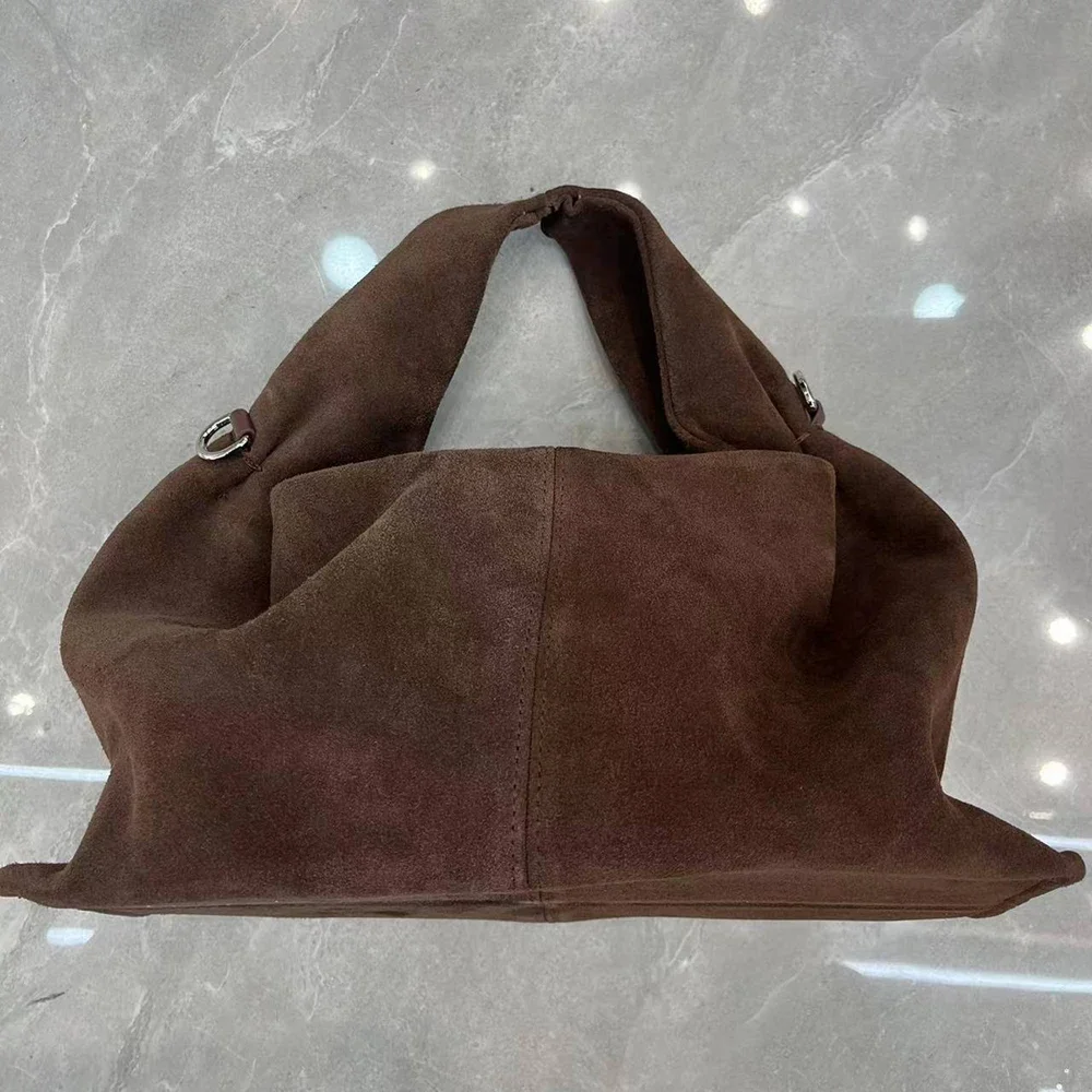 Annmouler French Cow Suede Large Genuine Leather Handbag First Layer Cowhide Leather Top Handle Bag with Shoulder Strap Commute