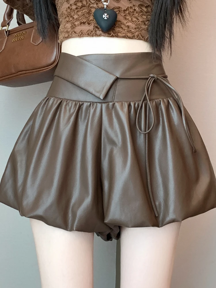 PU leather flower bud shorts women's autumn and winter 2025 new style high waist slimming A-line casual personality pants