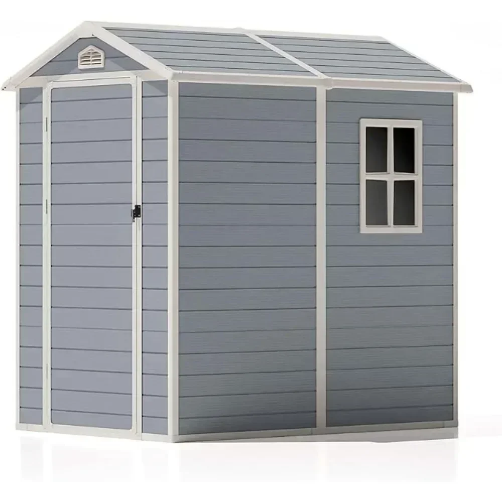 

4 x 6 FT Outdoor Storage Shed, Resin Storage Shed with Floor & Lockable & Window Door for Patio Furniture, Bicycle, Grey