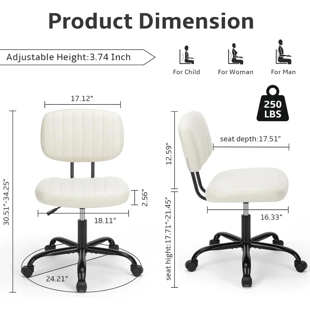 Silla ergonómica de escritorio para oficina en casa sin brazos, soporte Lumbar de espalda baja, altura ajustable, cuero PU, tarea de computadora