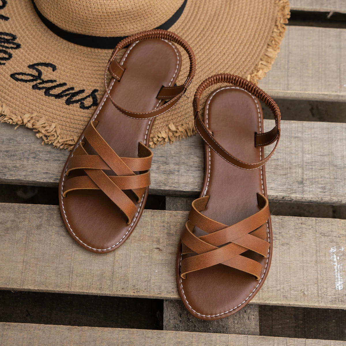 Shoes for Women 2024 Summer New Women Flat Sandals Bottom Roman Strap Sandals with Non Slip Rubber Soles Ladies Daily Sandalia