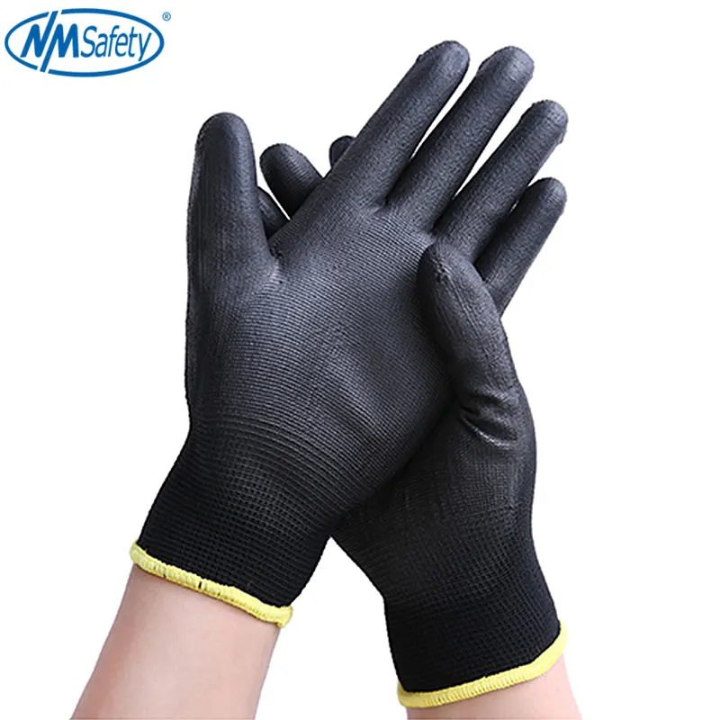 

NMSafety 12 pairs Black Nylon PU Safety Work Gloves Builders Grip For Palm Coating Security Protection Gloves