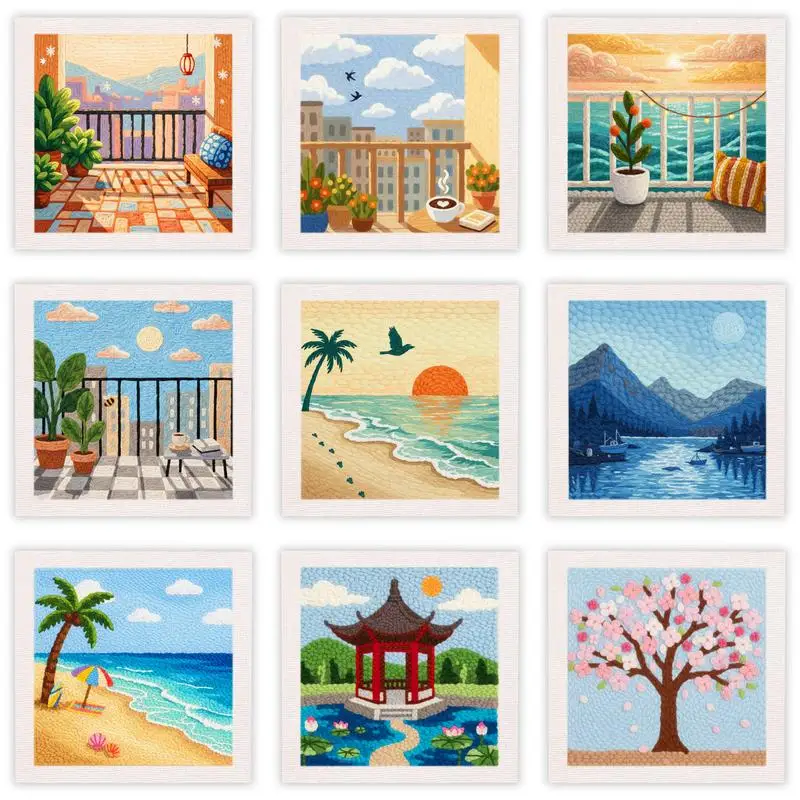 

25x25cm Punch Needle Embroidery Starter Kits Scenery Pattern Handcraft Punch Needle Kits for Adults Beginners Embroidery Sewing