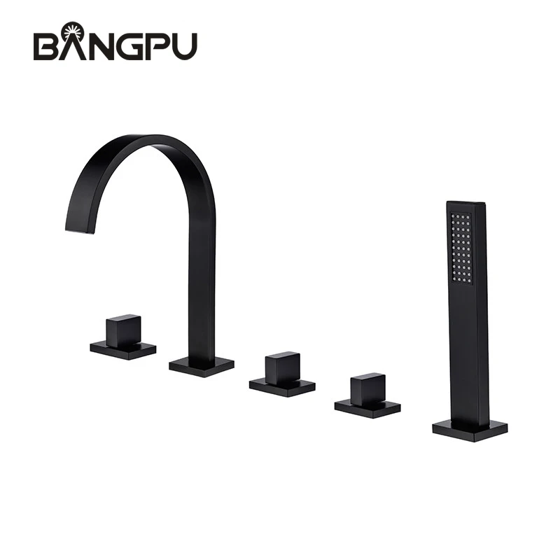 

Modern 5 Hole Waterfall Tub Faucet Set Deck Mount Bathtub Faucet Set with Hand Shower Roman Bathroom Bath Tub Faucet Set Black