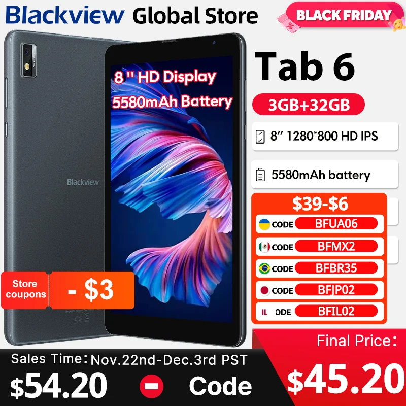 Blackview Tab 6 Tablet 8 ''Display HD Unisoc T310 3GB 32GB 4G 3.5mm jack 5580mAh Bateria GPS 5MP Câmera Android 11 Pad PC