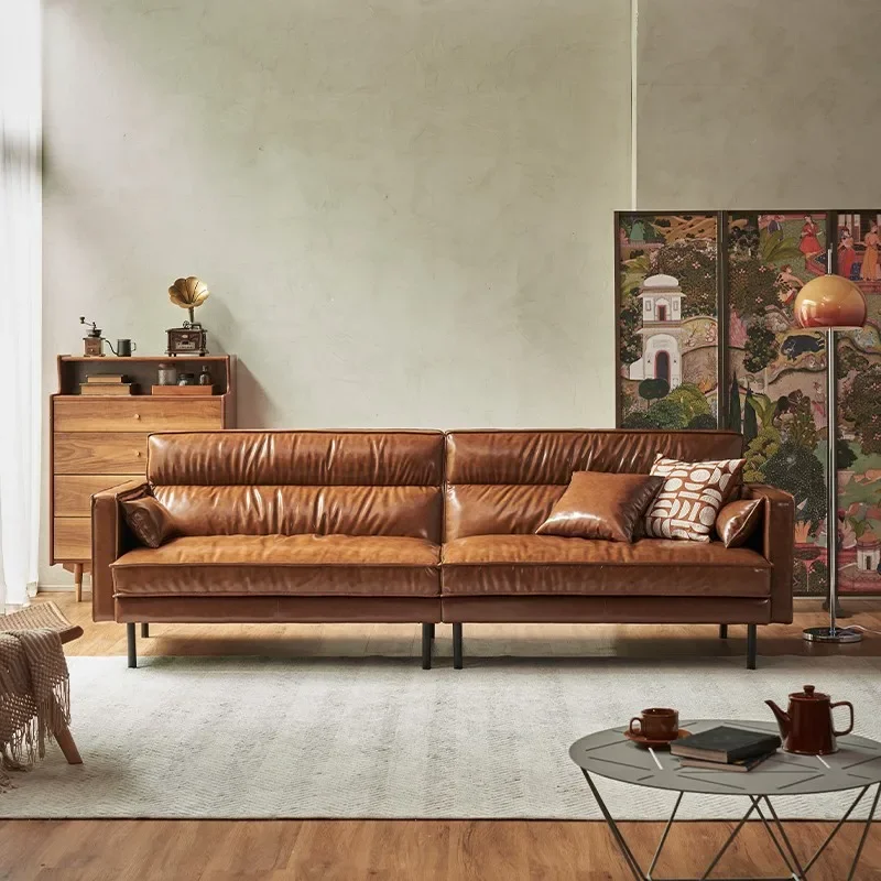 Retro oil wax cowhide sofa small apartment living room French medieval style first layer cowhide down three people