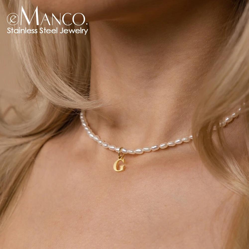 eManco Faux Pearl Initial Necklace Stainless Steel Collar Necklace Korean DIY Alphabet Accessories Name Customization