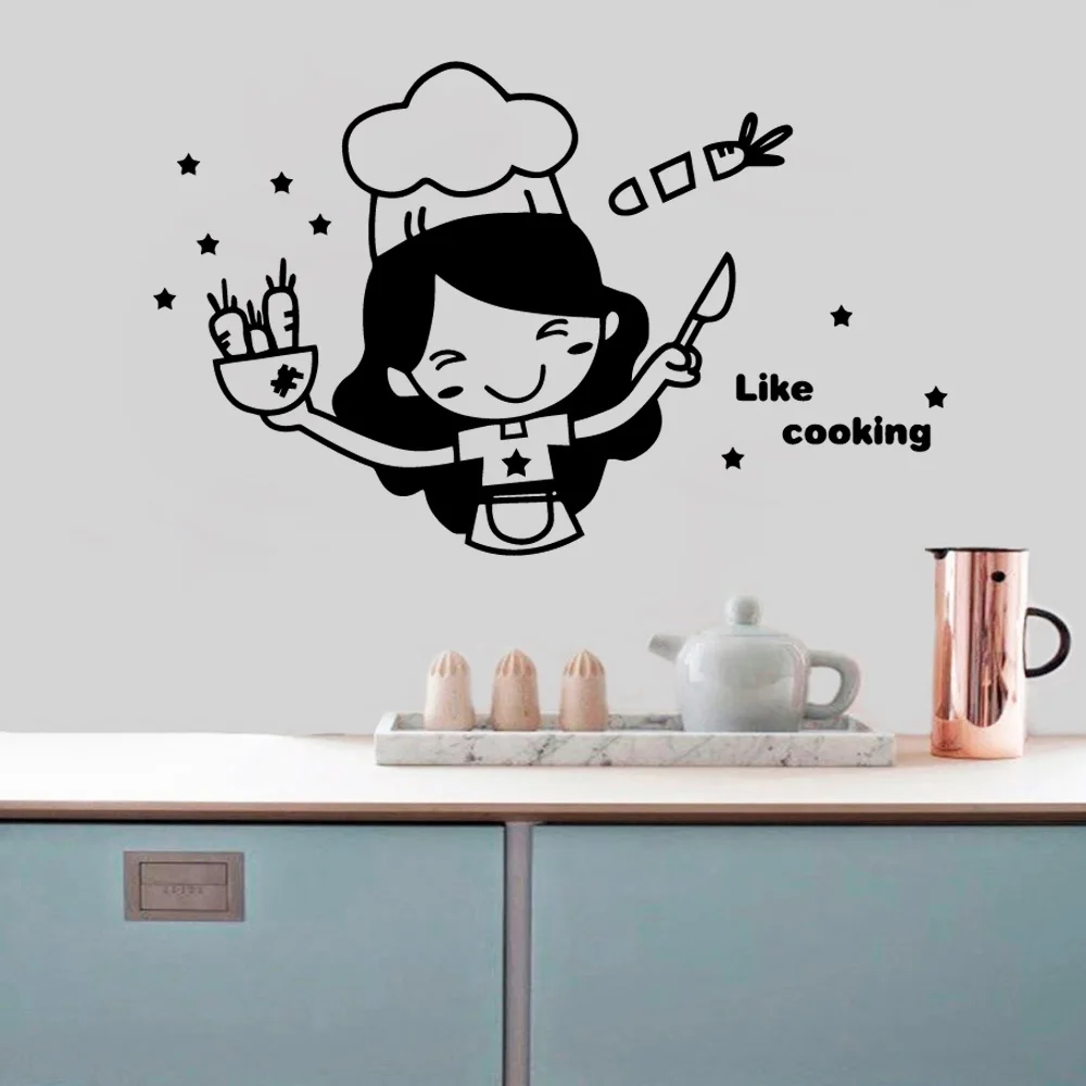 1pc Cartoon Female chef Vinyl Wall Sticker For Kitchen Wall Decor Waterproof Sweet Text Decal For Coffee Shop Wall