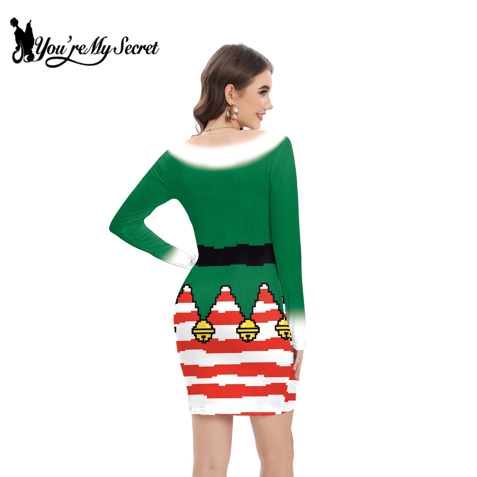 [You\'re My Secret] Women\'s Christmas Dresses Long Sleeve Cartoon Cute Print Women Dress Long Sleeve Xmas Party Bodycon Dresses