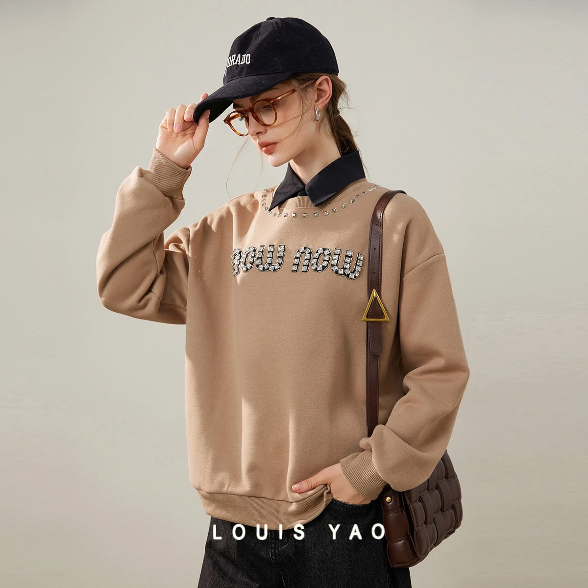 LOUIS YAO Trendy Cool 3D Diamond Letter Women's Sweatshirts 2025 Winter Thick Velvet Top Long Sleeve Loose Chic Women's Hoodie