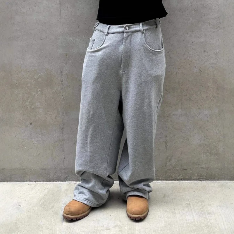 

Trendy High Street Harajuku Retro Gray Sweatpants Men Hip Hop Loose Oversized Streetwear Trousers Retro Casual Straight Pants