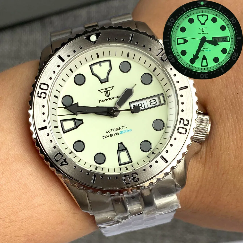 Tandorio Diving MechanIcal Watch Men SKX 3.8 Steel Wristwatch Fully Green Luminous S NH36 Weekday Movement White Chapter Ring