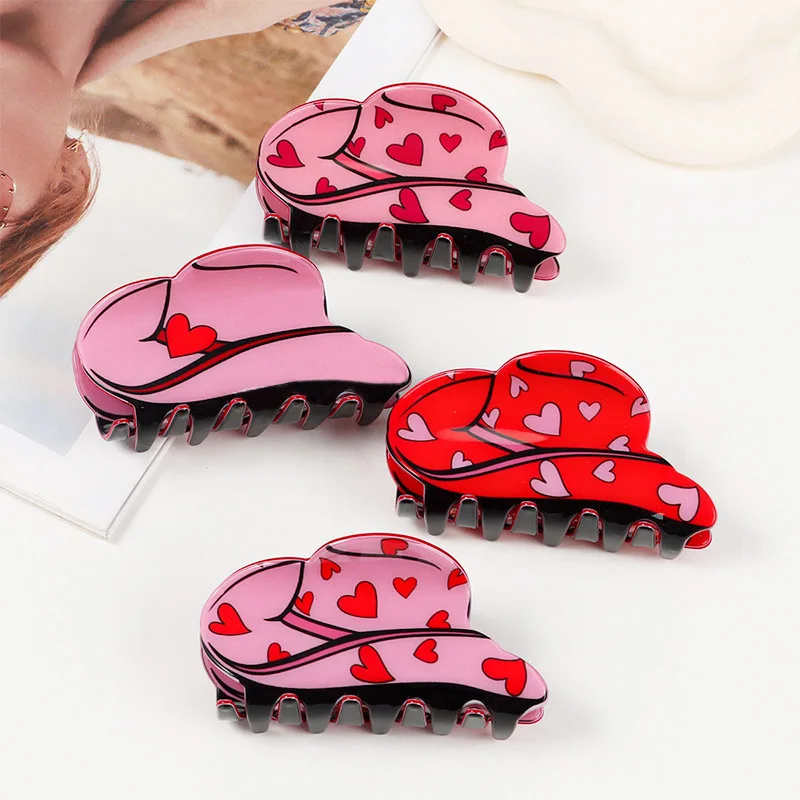 

DuoShang Sweet Red Heart Hat Hair Claw Valentine's Day Claw Clips Cowboy Hat Crab Hair Clips for Women Girls Hair Accessories