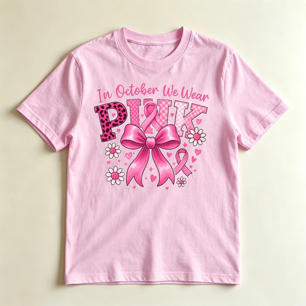 In October We Wear Pink Leopard Letter Graphic T Shirt Women Breast Cancer Support Gift Trendy Streetwear Clothes