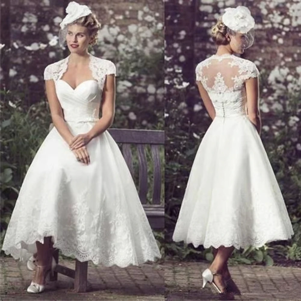 

Customized Beach Short Wedding Dresses Tea Length Bride Dress Cap Sleeves Sweetheart Lace Robe De Mariée Vestido De Novia Women