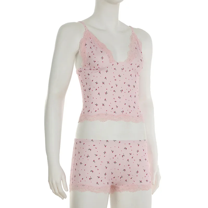 

Fashionable Home Clothes Set Lace Strap Top Shorts Sleepwear Two-Piece Set Small Floral Print Sexy Casual Women's Cute Outfits