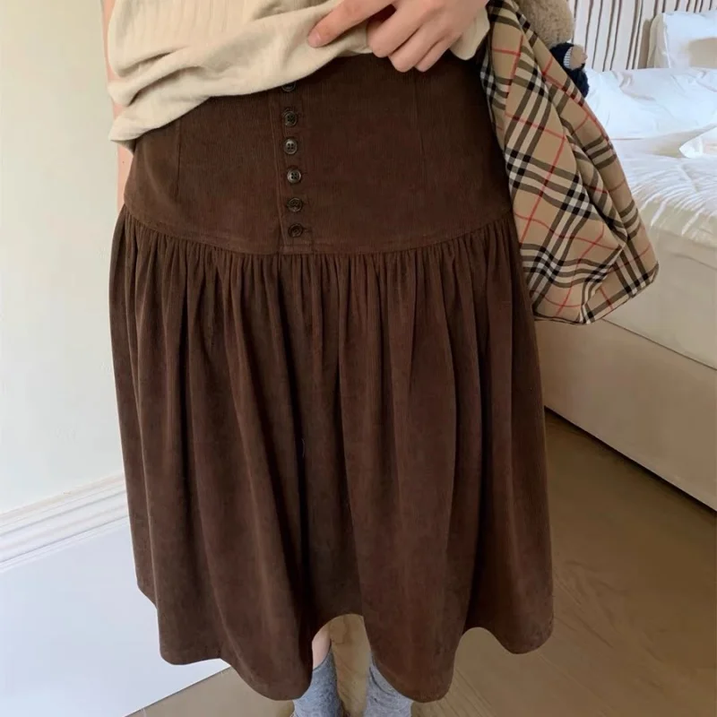 New Fashion Corduroy Skirt Women Autumn Elegant High Waist Buttons A-Line Solid Color Pleated Midi Skirts Office Lady Jupe