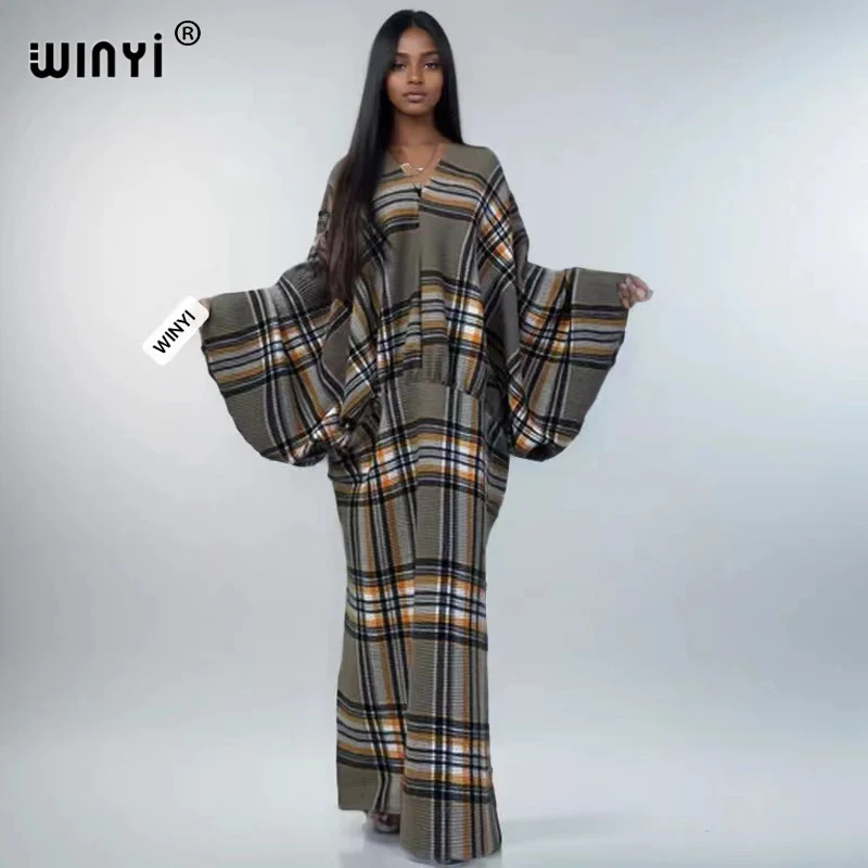 

WINYI 2024 Plaid print pleated edge deep V sexy maxi long dress Women batwing Sleeve holiday elegant evening dress fashion robes