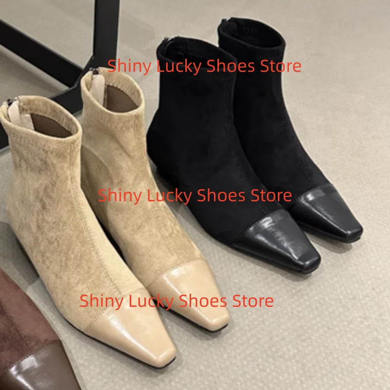 

Sewing Lines Shoes for Womens Square Toes Low Heels Stitching Female Short Boots Solid Chassure Femme Back Zippers Zapatos Mujer