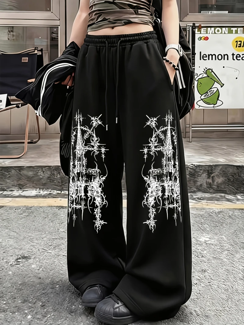 Y2K Millennial Style Subkultur-Stil mit Distel-Totem-Muster-Print, lässige, sportliche Damenhose mit geradem Bein, elastische Taille – Detail 6